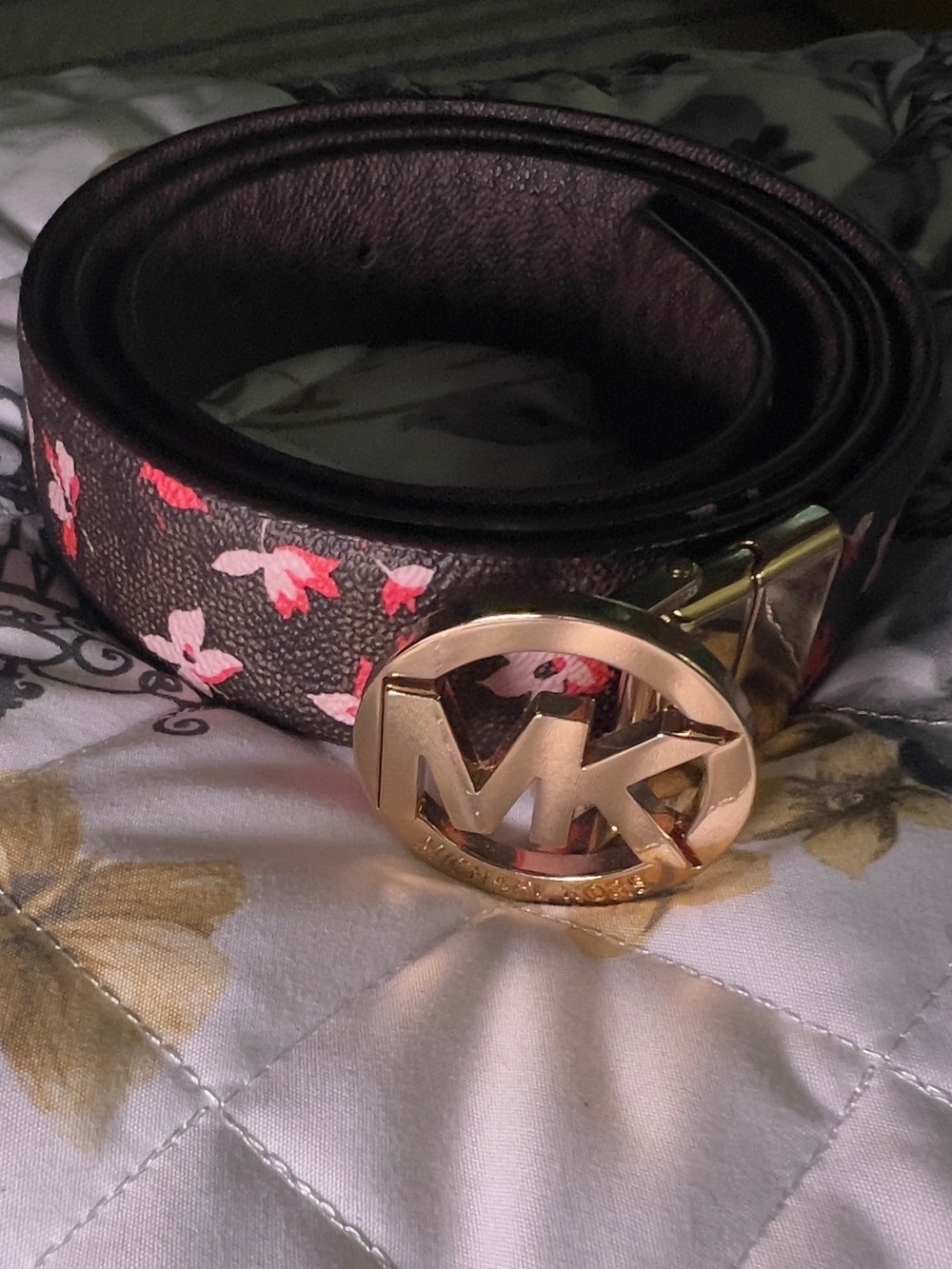 Michael Kors Brown Floral Logo/MK signature Belt with Reversible MK Gold Buckle
